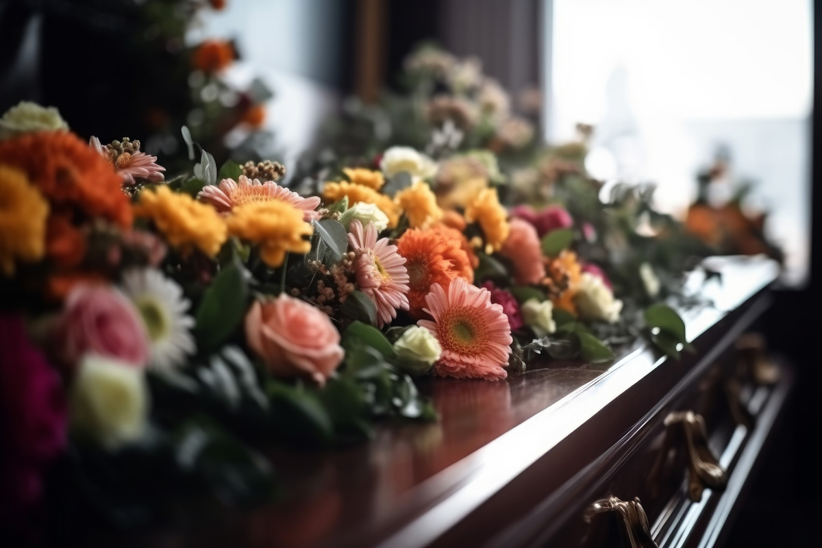 Coffin flowers funeral. Flower grief casket. Generate Ai